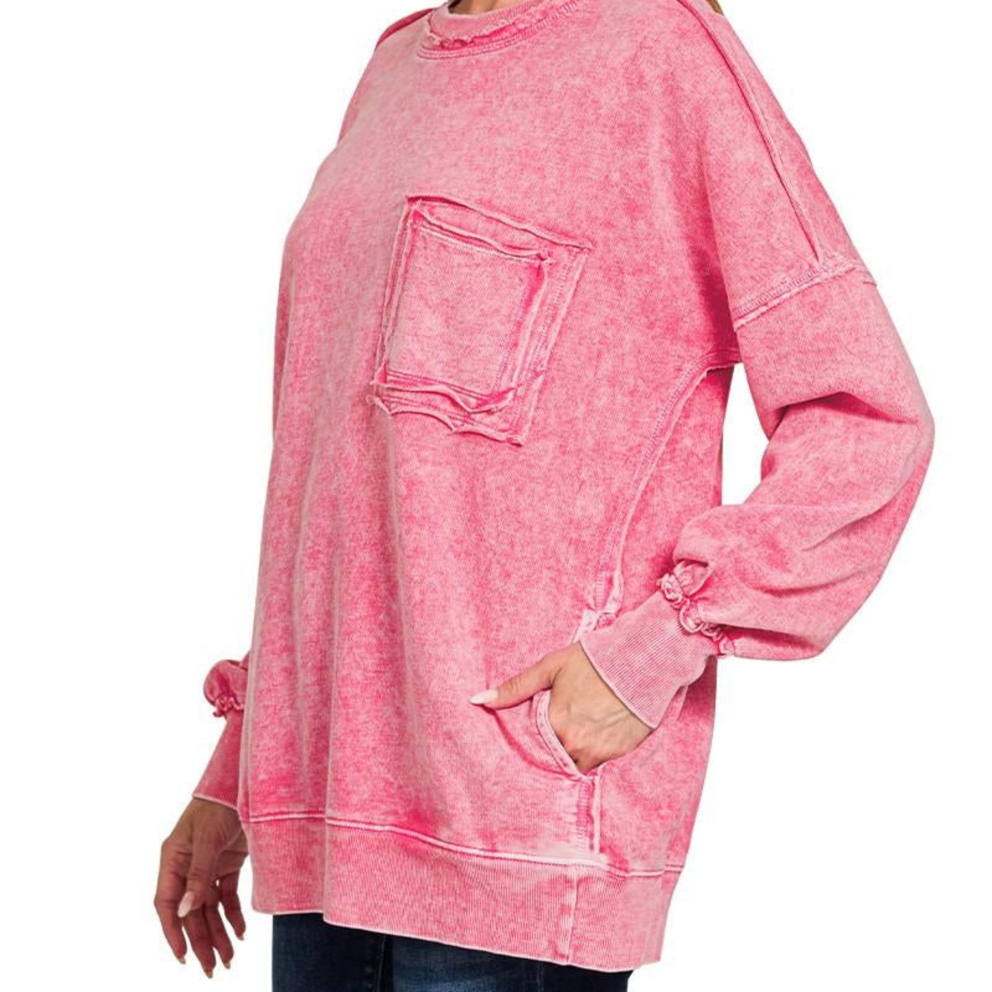 Zenana halo washed French terry sweatshirt red side view oversized boutique pullover with pocket