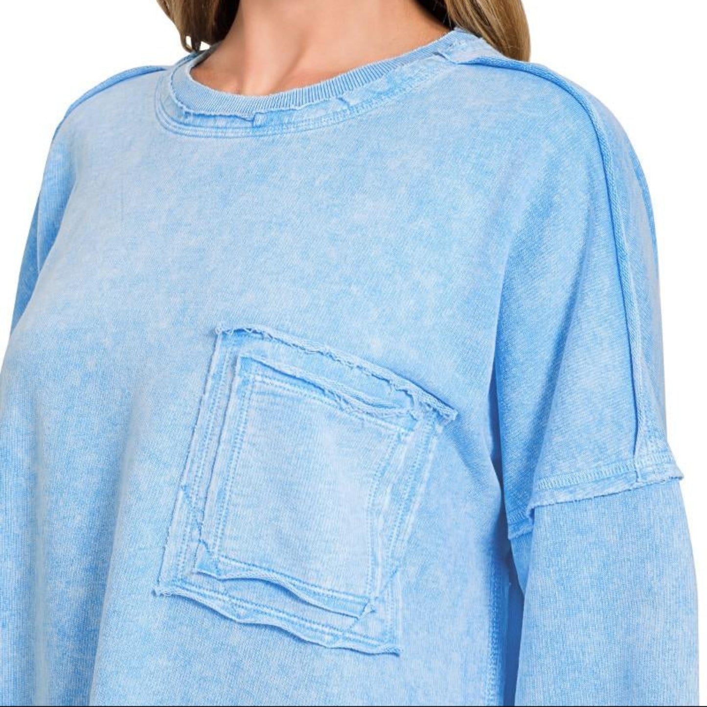Close up of Zenana halo washed French terry sweatshirt pocket detail sky blue boutique pullover
