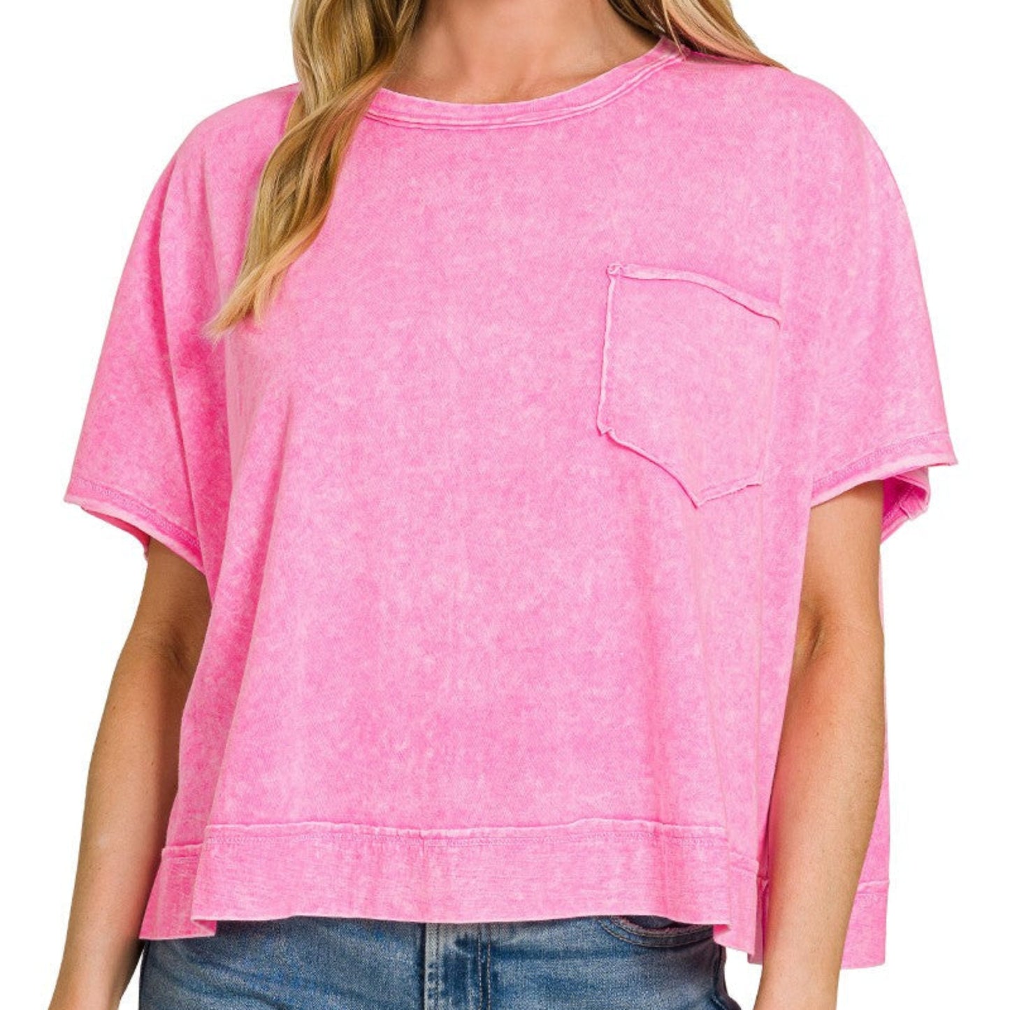 Zenana halo washed oversized pocket top pink front view relaxed fit vintage washed boutique tee