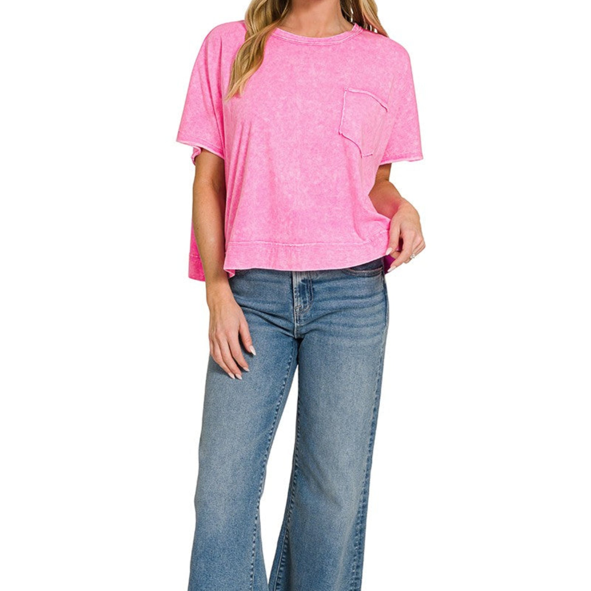 Zenana halo washed oversized pink top styled with wide leg denim casual boutique outfit