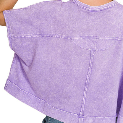 Back view of Zenana halo washed oversized pocket top violet relaxed boutique tee
