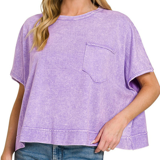 Zenana halo washed oversized pocket top violet front view relaxed boutique casual tee