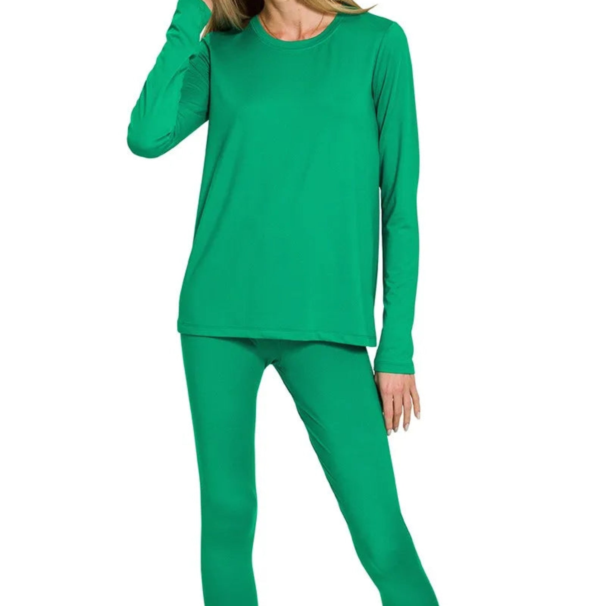 Front view of the Zenana Microfiber Round Neck Top and Leggings Set in K Green.