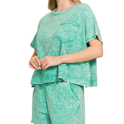 ront view of Zenana Halo Snow Washed Boxy Top and Shorts Set in Kelly Green.