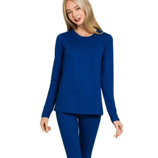 Front view of the Zenana Microfiber Round Neck Top and Leggings Set in Light Navy.