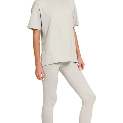 Front view of Zenana Brushed Microfiber Loungewear Set in LT Cement.