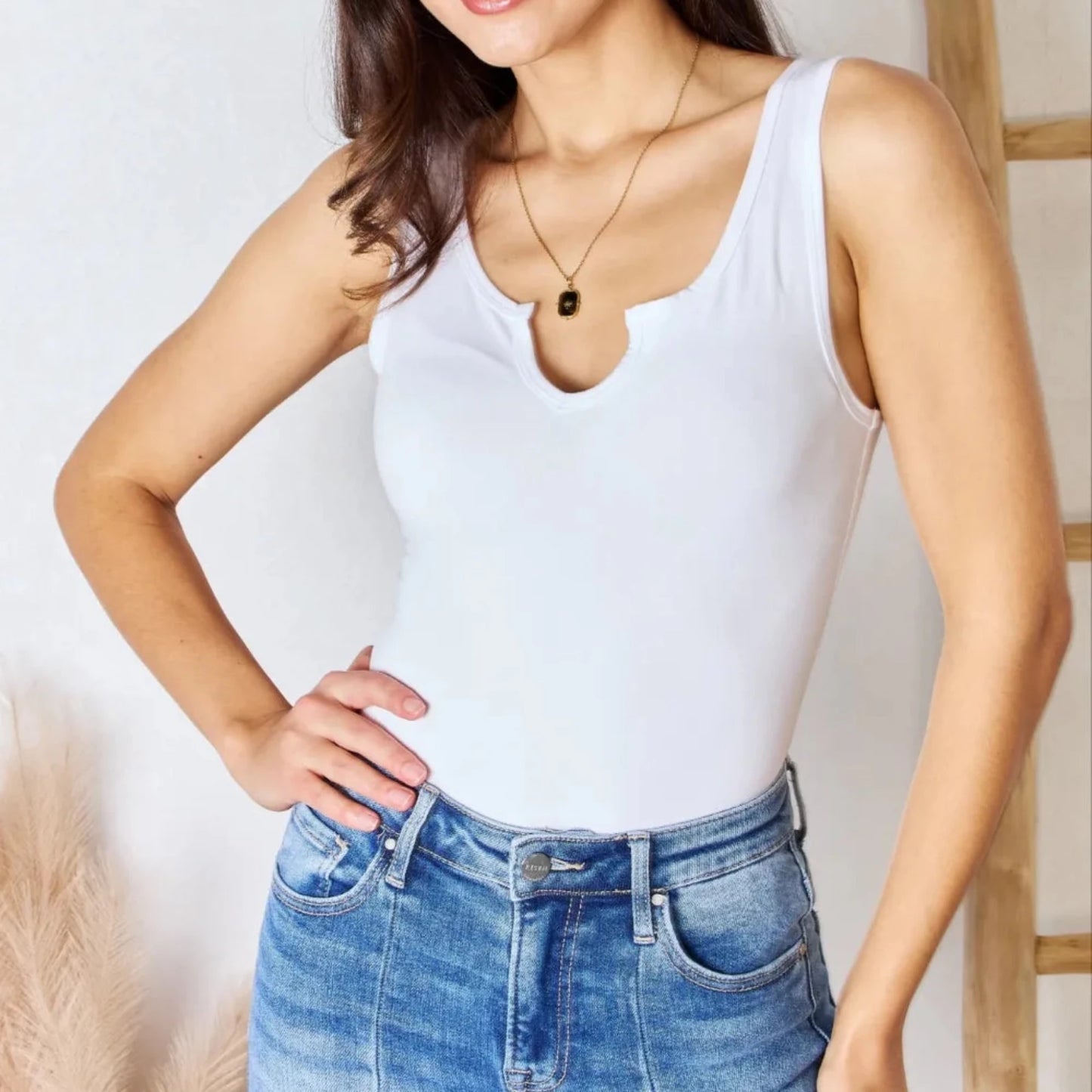 Zenana Microfiber Notched Sleeveless Bodysuit - White-Trendsi - Solazura Boutique