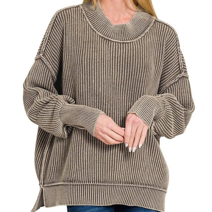 Model wearing the Zenana mocha washed oversized sweater for a cozy coastal morning.