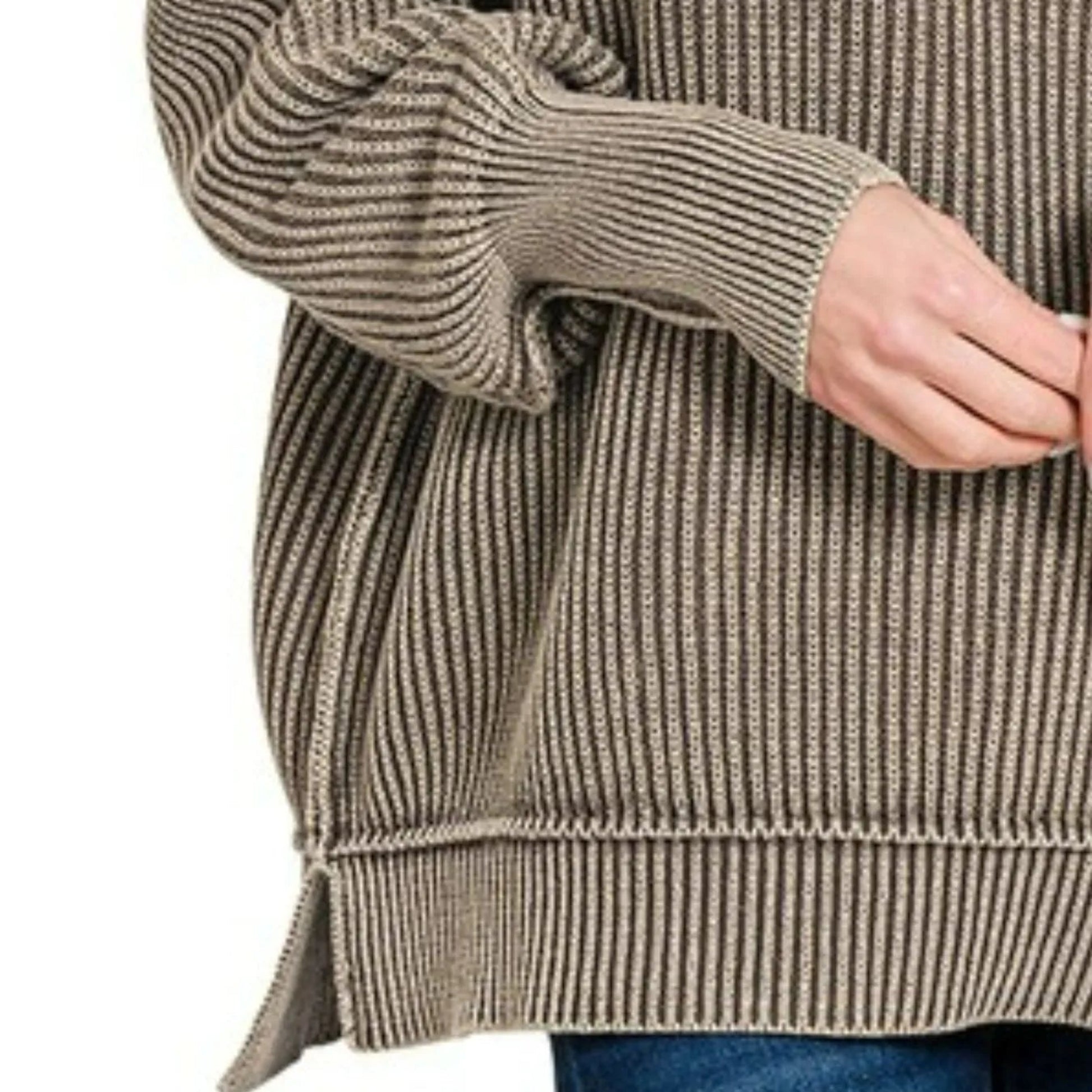 Front view showing the relaxed, oversized silhouette of the washed mocha cotton sweater.