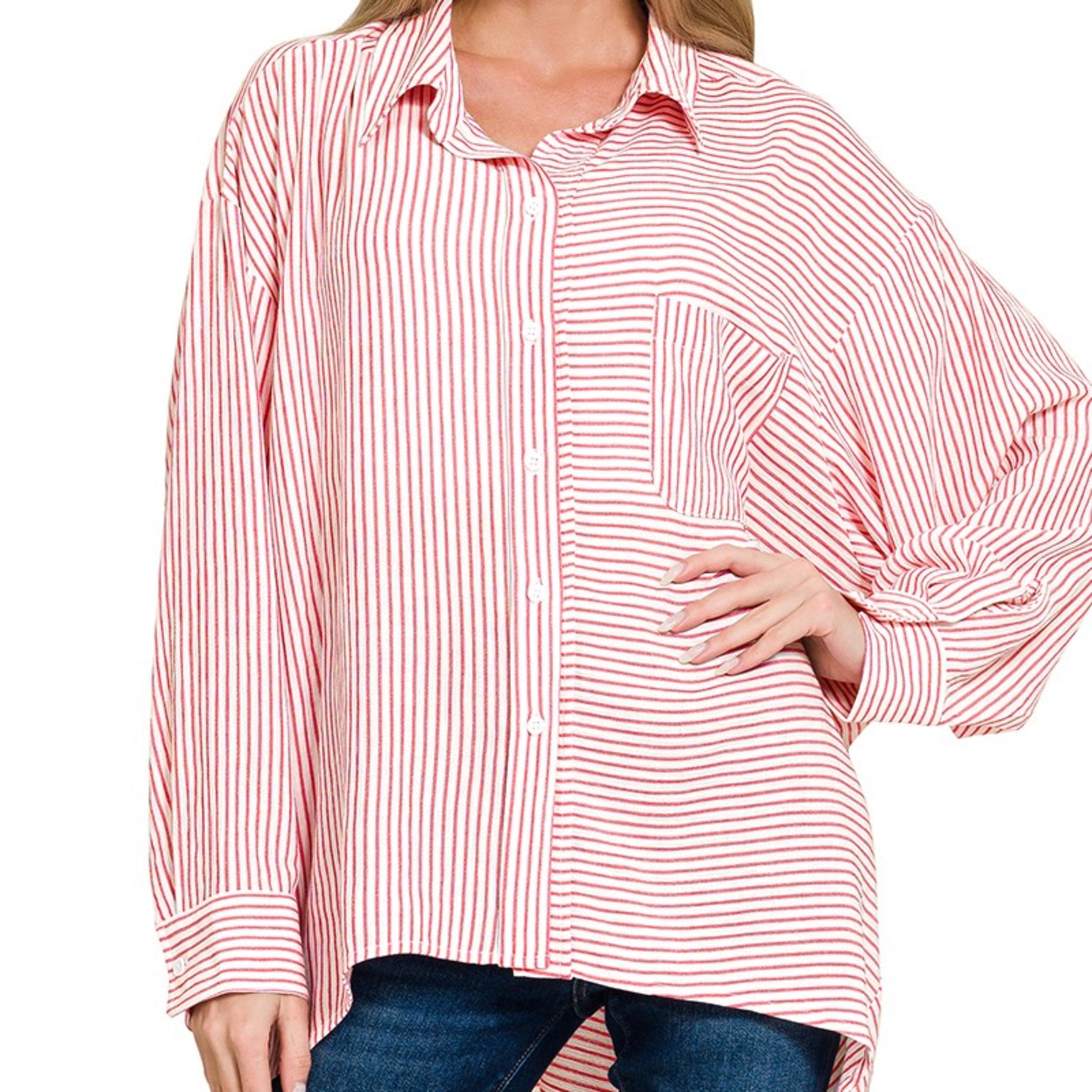 Model wearing the Zenana red striped button-down shirt for a realistic, vibrant style.
