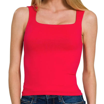 Front view of the Zenana Seamless Double Layered Square Neck Tank Top in Ruby.