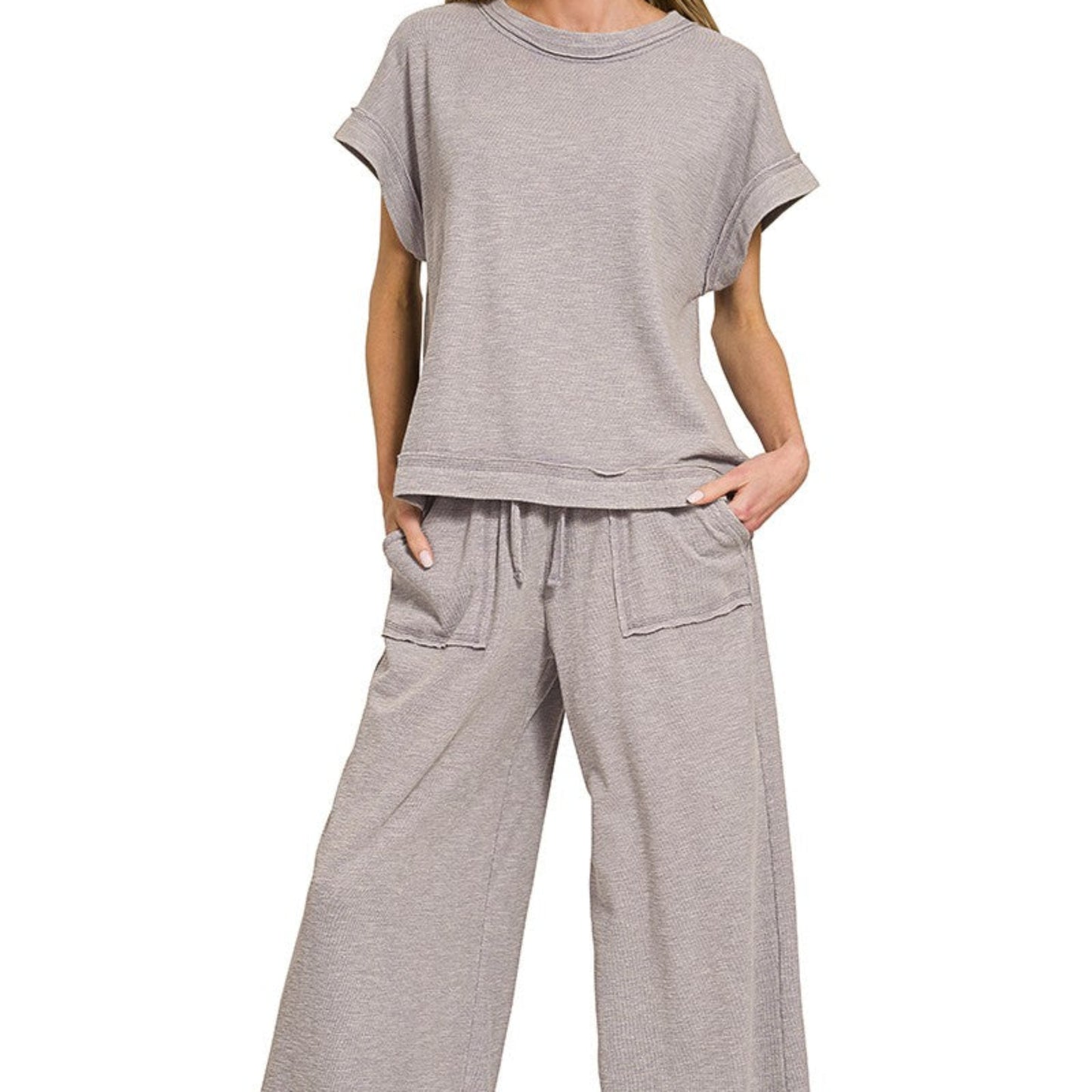 Model wearing the sleet grey Zenana washed slub set for a realistic coastal morning.
