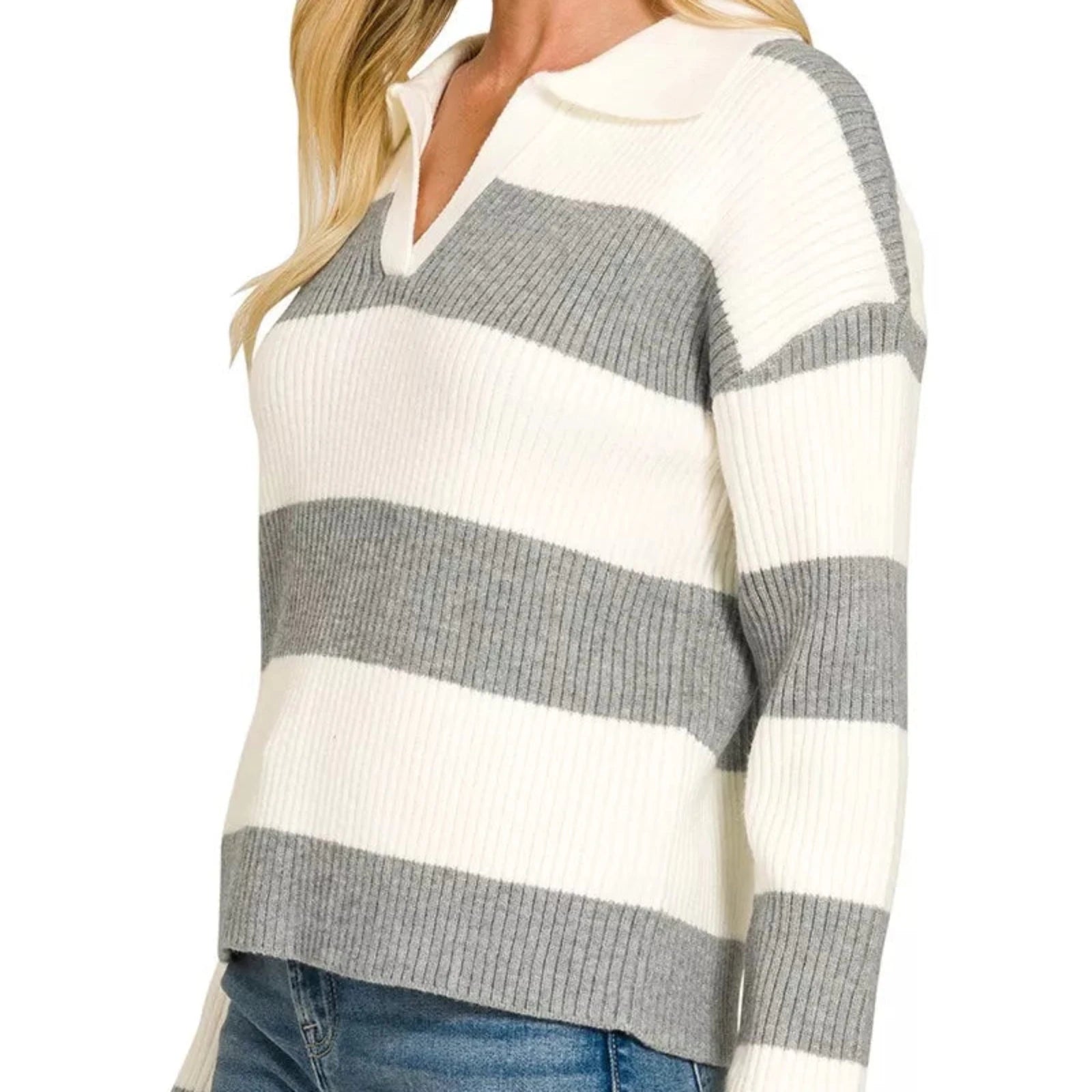 Zenana Striped Collared Sweater-Trendsi - Solazura Boutique