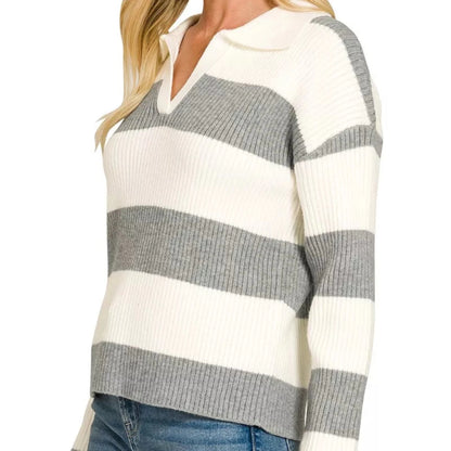 Zenana Striped Collared Sweater-Trendsi - Solazura Boutique