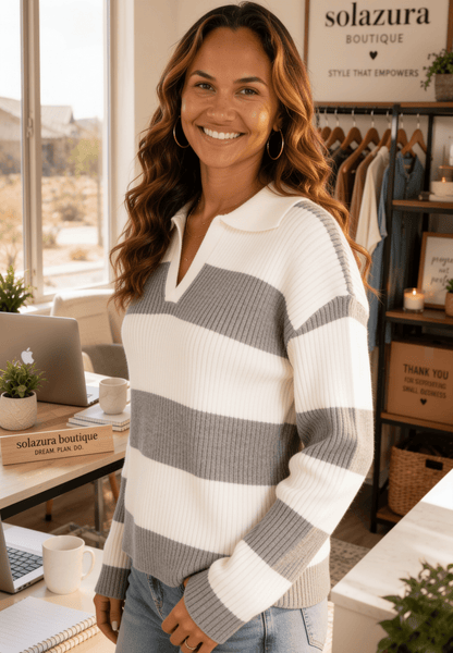 Zenana Striped Collared Sweater-Trendsi - Solazura Boutique