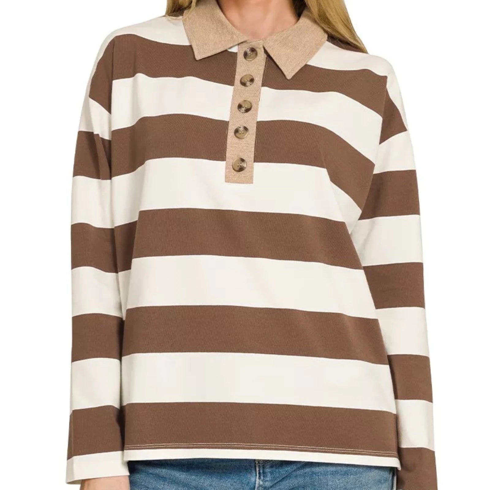 Zenana Striped Contrast Collar Polo Tee - Brown-Trendsi - Solazura Boutique