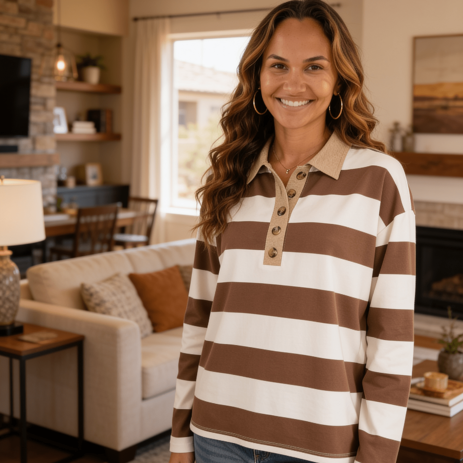 Zenana Striped Contrast Collar Polo Tee - Brown-Trendsi - Solazura Boutique