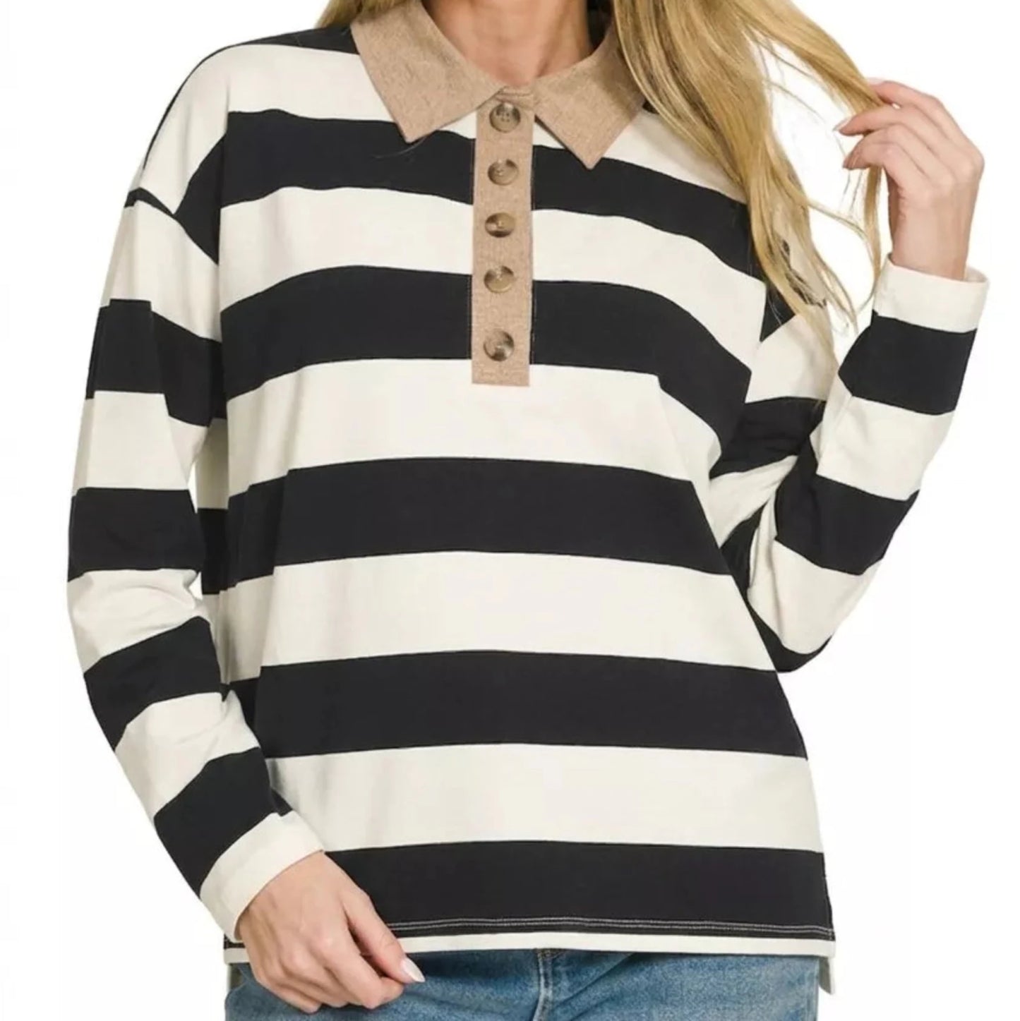 Zenana Striped Contrast Collar Polo Tee-Trendsi - Solazura Boutique
