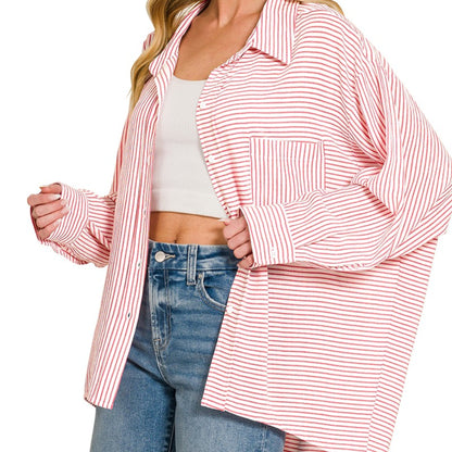 Front view of the red striped shirt styled as a sophisticated and timeless wardrobe staple.