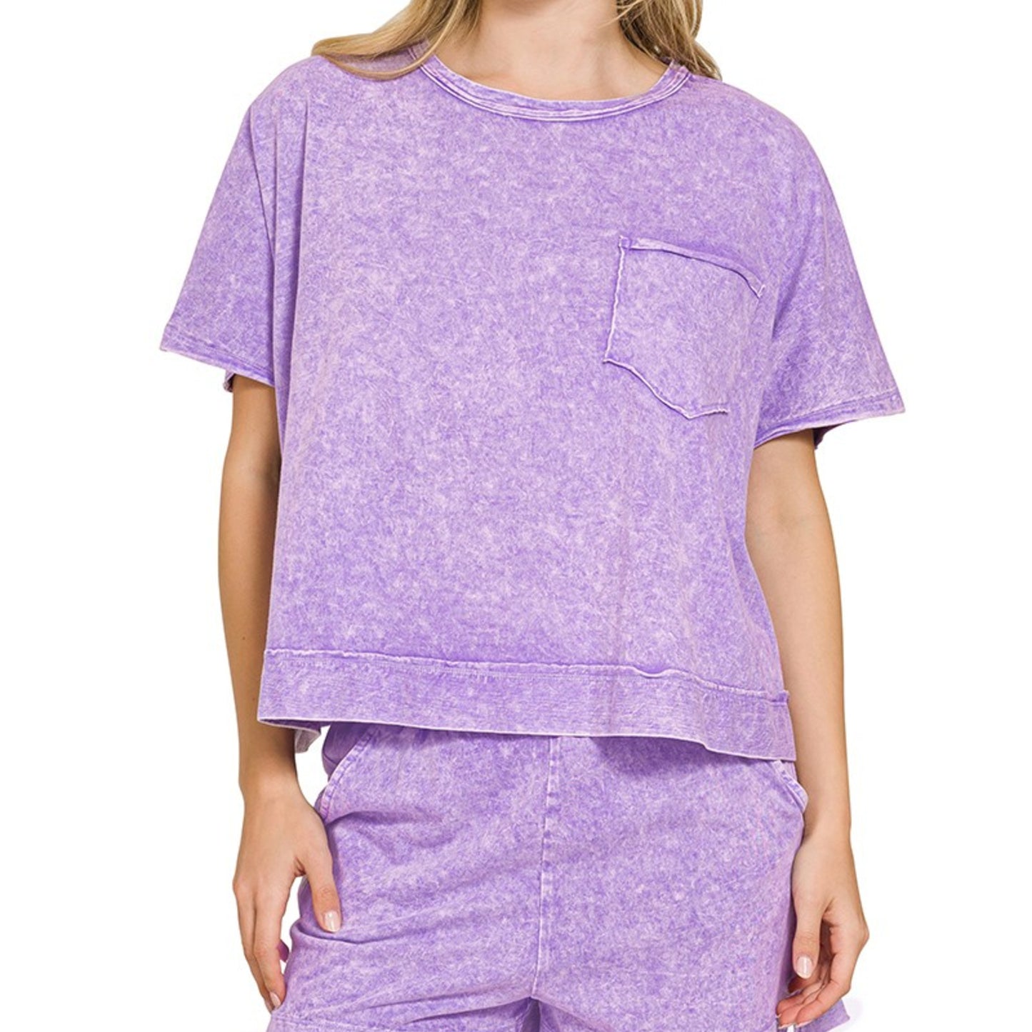 Front view of Zenana Halo Snow Washed Boxy Top and Shorts Set in Violet.