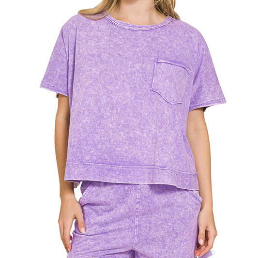 Front view of Zenana Halo Snow Washed Boxy Top and Shorts Set in Violet.