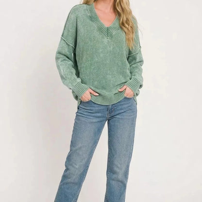 Zenana Washed Deep V-Neck Oversized Sweater - Green-Trendsi - Solazura Boutique
