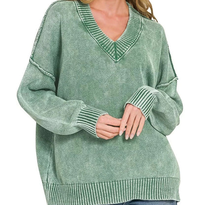 Zenana Washed Deep V-Neck Oversized Sweater - Green-Trendsi - Solazura Boutique