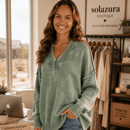 Zenana Washed Deep V-Neck Oversized Sweater - Green-Trendsi - Solazura Boutique