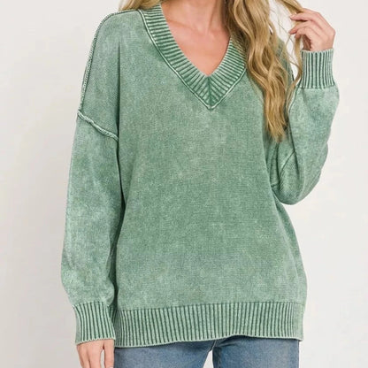 Zenana Washed Deep V-Neck Oversized Sweater - Green-Trendsi - Solazura Boutique
