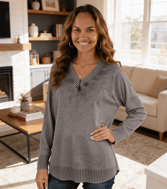 Zenana Washed Deep V-neck Oversized Sweater-Trendsi - Solazura Boutique