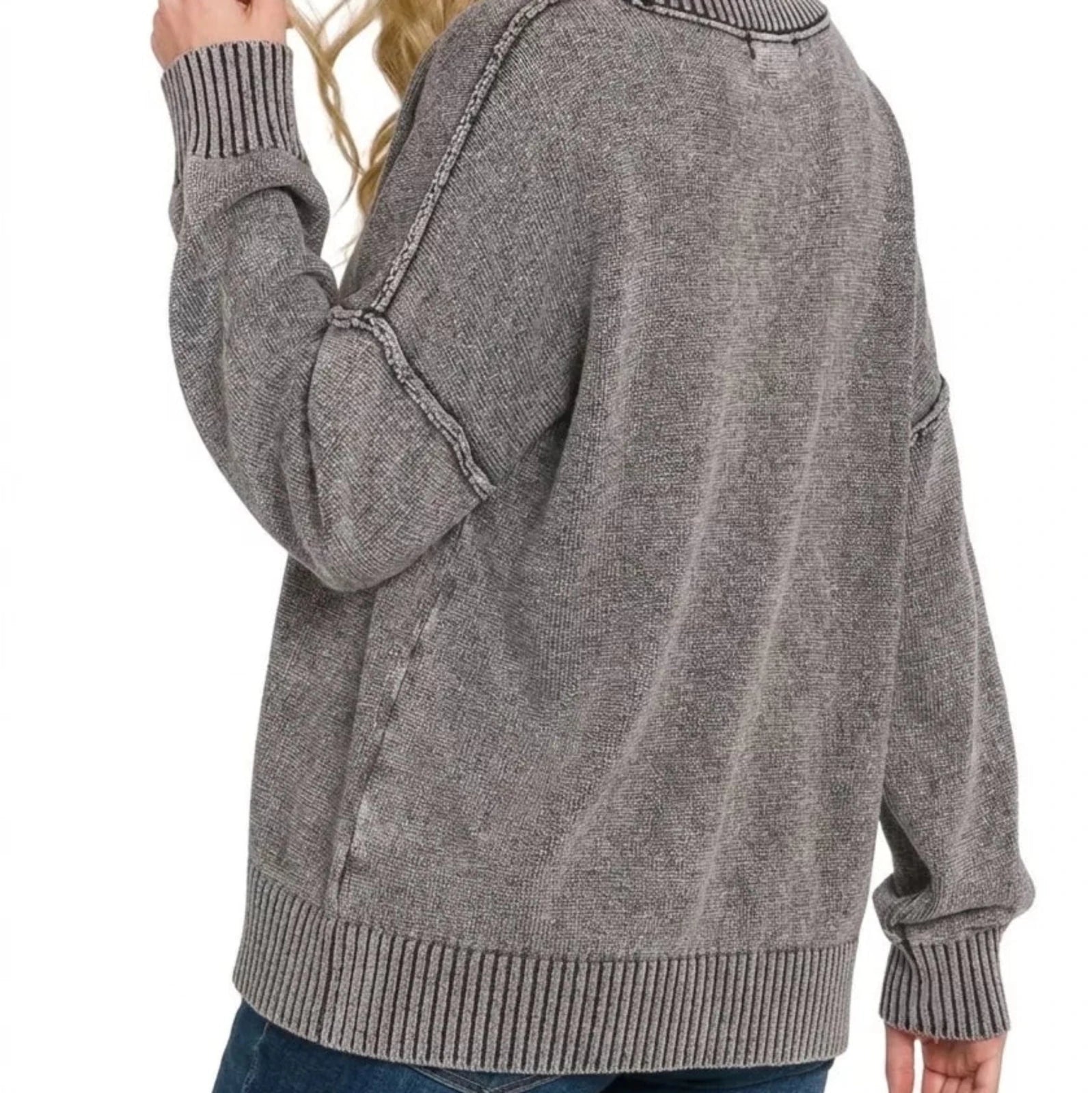 Zenana Washed Deep V-neck Oversized Sweater-Trendsi - Solazura Boutique