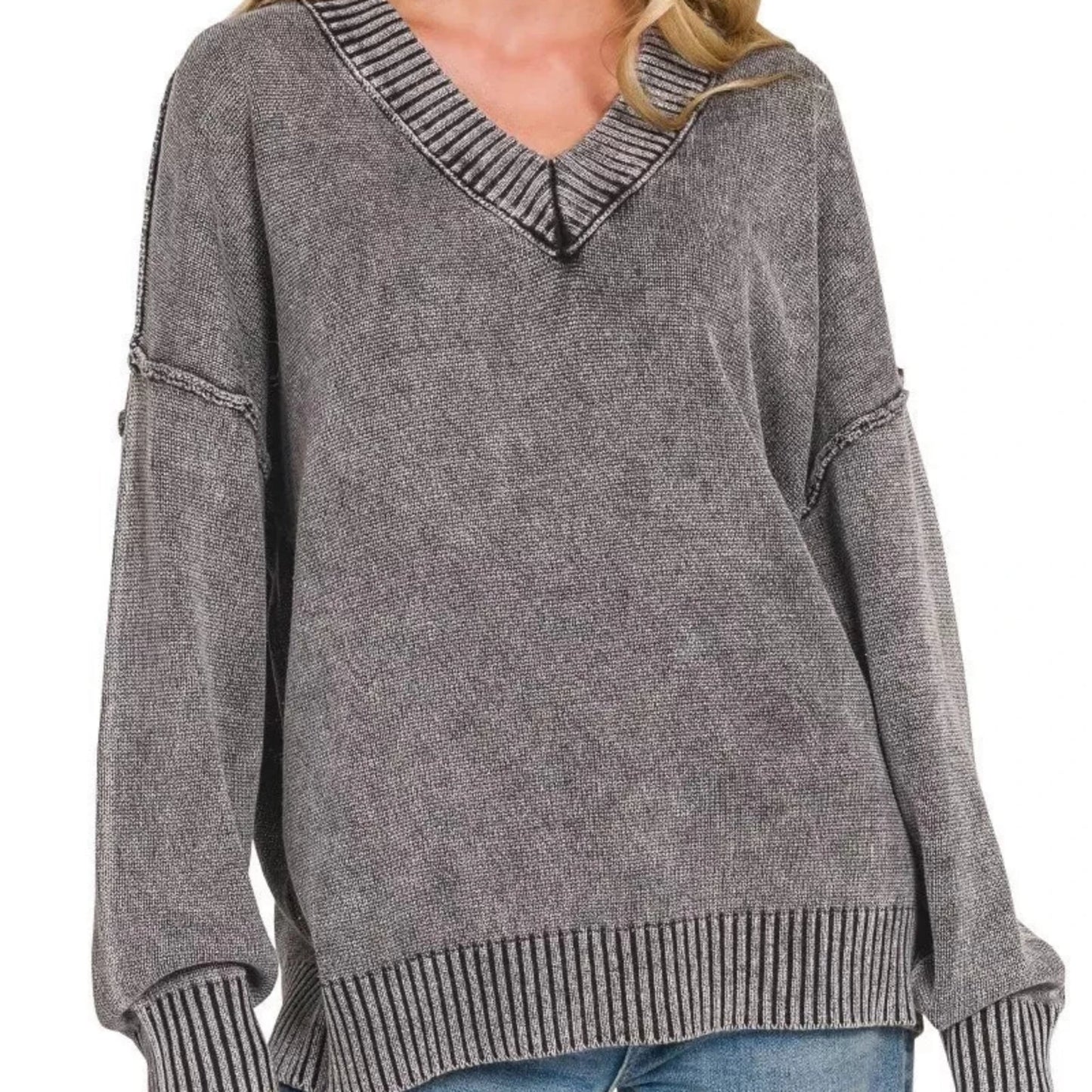 Zenana Washed Deep V-neck Oversized Sweater-Trendsi - Solazura Boutique